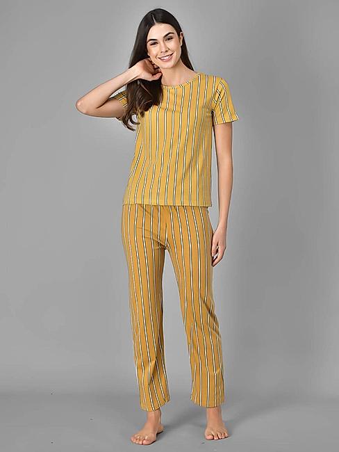 KOTTY Yellow Striped Cotton Women T-Shirt and Pyjama Set