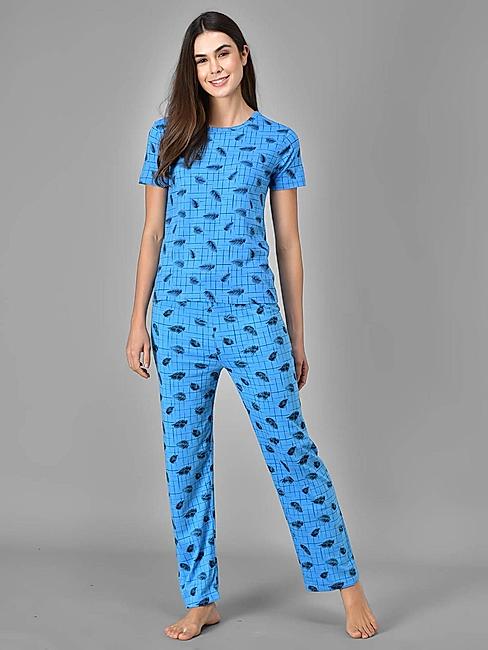 KOTTY Blue Printed Cotton Women T-Shirt and Pyjama Set