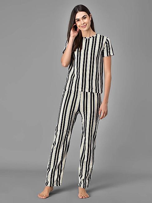 KOTTY Yellow Striped Cotton Women T-Shirt and Pyjama Set