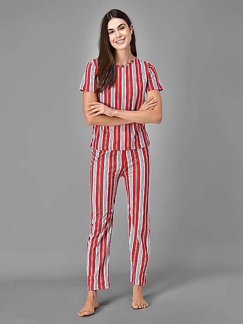 KOTTY Red Striped Cotton Women T-Shirt and Pyjama Set