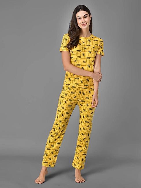 KOTTY Yellow Printed Cotton Women T-Shirt and Pyjama Set