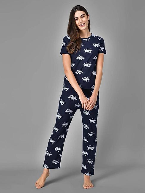 KOTTY Blue Printed Cotton Women T-Shirt and Pyjama Set