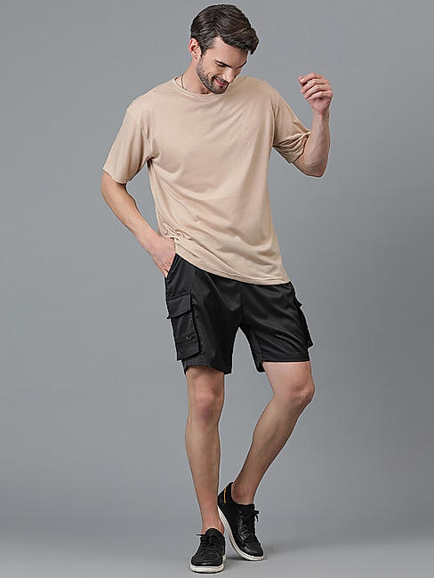 KOTTY MENS POLYCOTTON SOLID JADE BLACK CARGO SHORTS