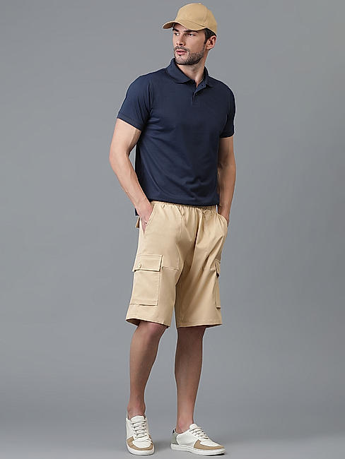 KOTTY MENS COTTON BLEND SOLID COSMIC LATTE BEIGE CARGO SHORTS