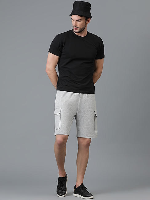 KOTTY MENS COTTON BLEND SOLID LIGHT GREY CARGO SHORTS