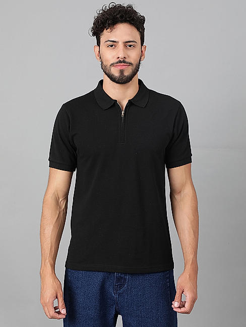 KOTTY MEN REGULAR FIT SOLID MANDARIN COLLAR JET BLACK T-SHIRTS