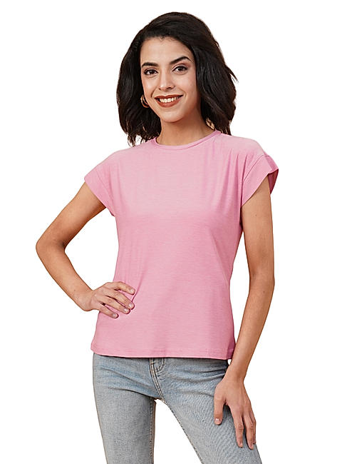 KOTTY WOMEN SOLID ROUND NECK COTTON BLEND PINK T-SHIRT