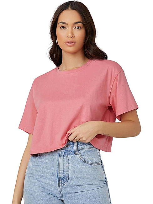 KOTTY WOMEN SOLID ROUND NECK COTTON BLEND PINK T-SHIRT