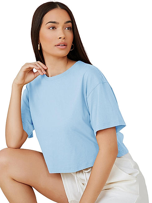 KOTTY WOMEN SOLID ROUND NECK COTTON BLEND BLUE T-SHIRT