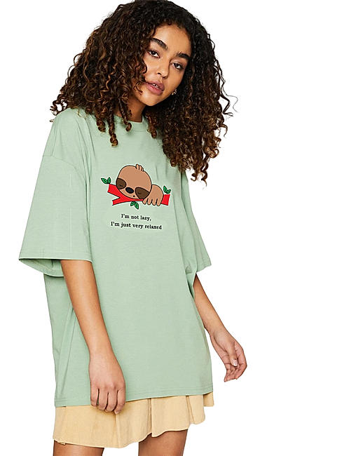 KOTTY WOMEN GRAPHIC PRINT ROUND NECK COTTON BLEND GREEN T-SHIRT