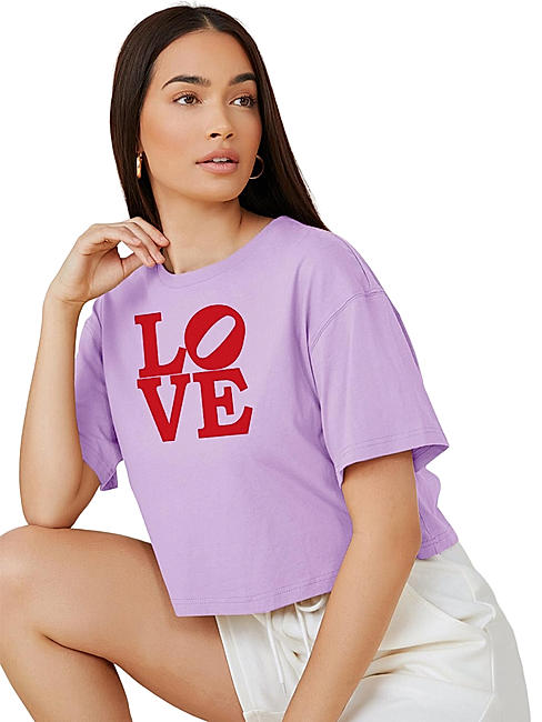 KOTTY WOMEN PRINTED ROUND NECK COTTON BLEND PURPLE T-SHIRT