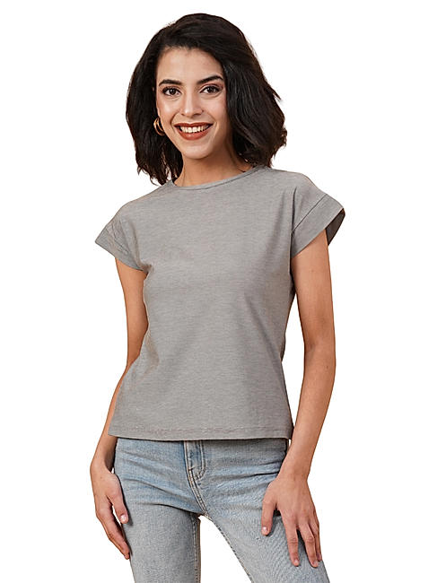 KOTTY WOMEN SOLID ROUND NECK COTTON BLEND GREY T-SHIRT