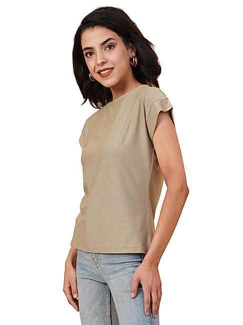 KOTTY WOMEN SOLID ROUND NECK COTTON BLEND BEIGE T-SHIRT