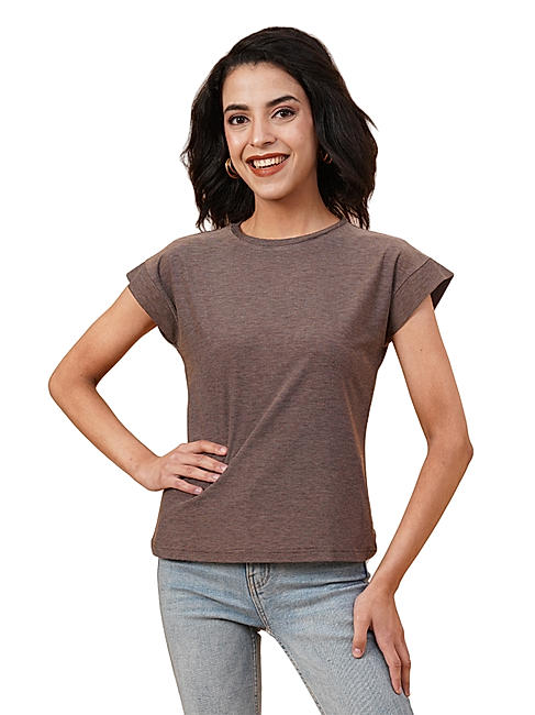 KOTTY WOMEN SOLID ROUND NECK COTTON BLEND BROWN T-SHIRT