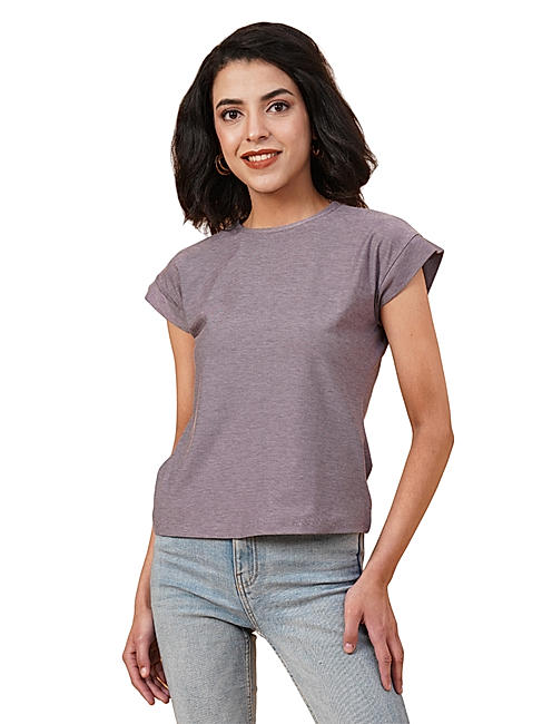 KOTTY WOMEN SOLID ROUND NECK COTTON BLEND PURPLE T-SHIRT