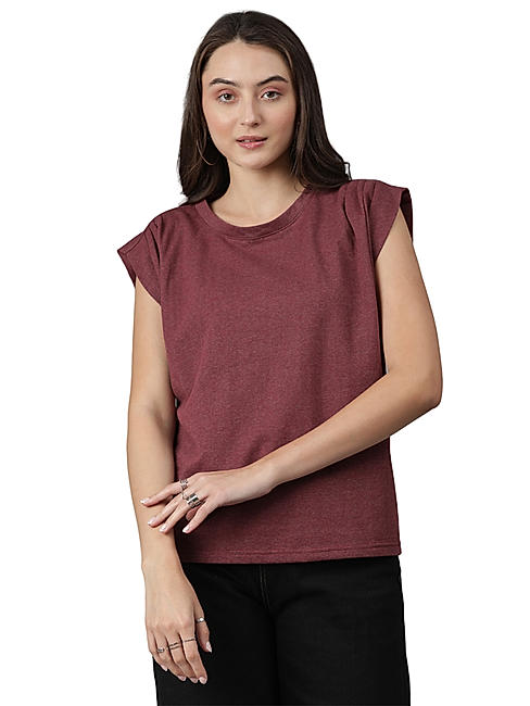 KOTTY WOMEN SOLID ROUND NECK COTTON BLEND MAROON T-SHIRT