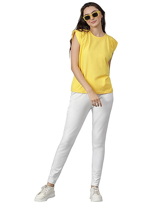 KOTTY WOMEN SOLID ROUND NECK COTTON BLEND YELLOW T-SHIRT