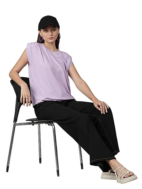 KOTTY WOMEN SOLID ROUND NECK COTTON BLEND PURPLE T-SHIRT