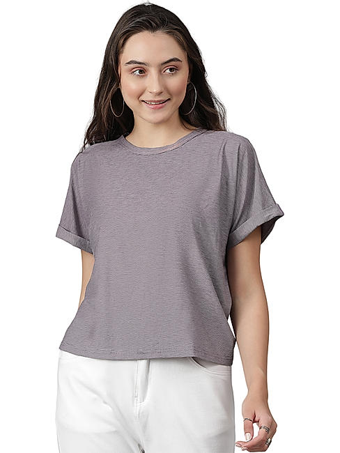 KOTTY WOMEN SOLID ROUND NECK COTTON BLEND BROWN T-SHIRT