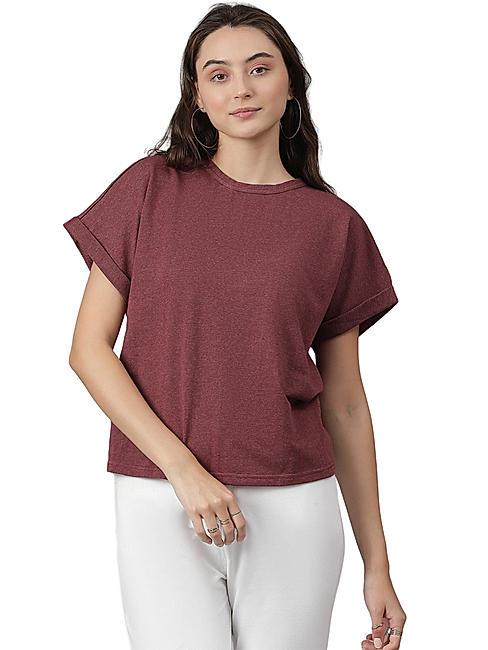 KOTTY WOMEN SOLID ROUND NECK COTTON BLEND MAROON T-SHIRT