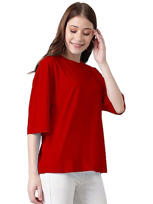 KOTTY WOMEN PRINTED ROUND NECK COTTON BLEND RED T-SHIRT