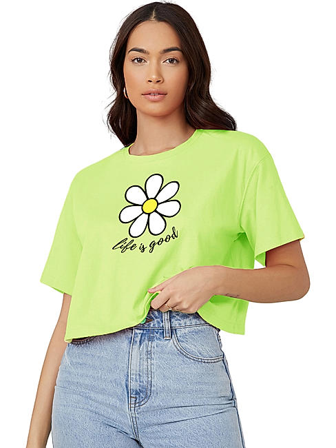 KOTTY WOMEN PRINTED ROUND NECK COTTON BLEND LIGHT GREEN T-SHIRT