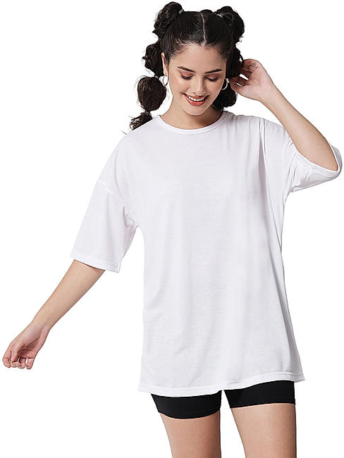 KOTTY WOMEN SOLID ROUND NECK COTTON BLEND WHITE T-SHIRT