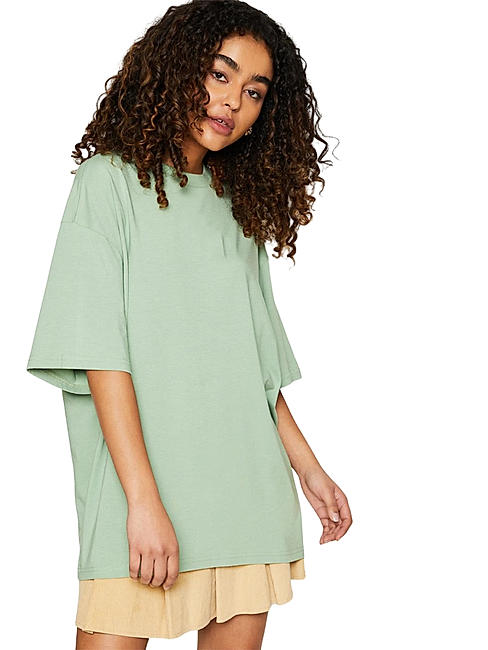 KOTTY WOMEN SOLID ROUND NECK COTTON BLEND GREEN T-SHIRT