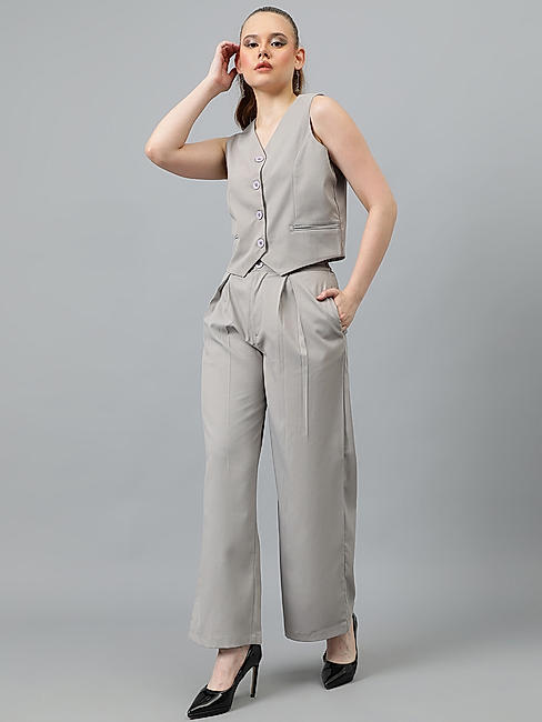 KOTTY WOMENS SOLID V-NECK GREY TWO PIECE CO-ORD SET