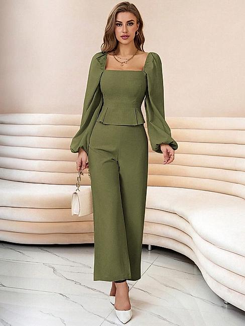 KOTTY WOMENS SOLID SQUARE NECK GREEN TWO PIECE CO-ORD SET