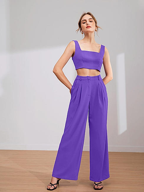 KOTTY WOMENS SOLID SQUARE NECK PURPLE TWO PIECE CO-ORD SET