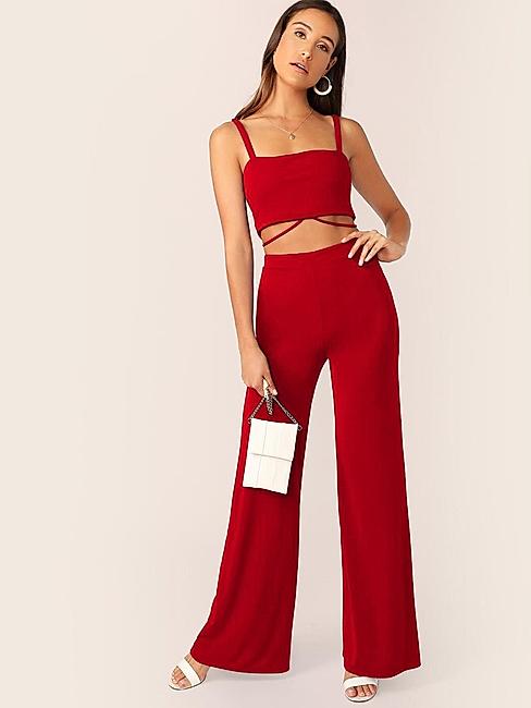 KOTTY WOMENS SOLID SQUARE NECK RED TWO PIECE CO-ORD SET