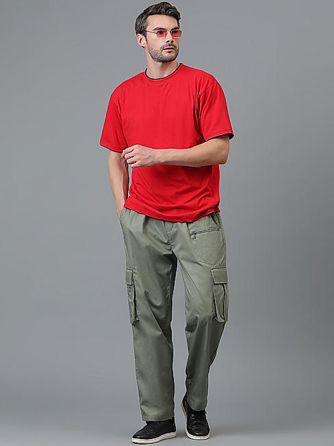 KOTTY MEN'S SOLID MID RISE STYLISH WITH MULTIPLE POCKETS COMFORTABLE AND STRECHABLE CARGO PANTS