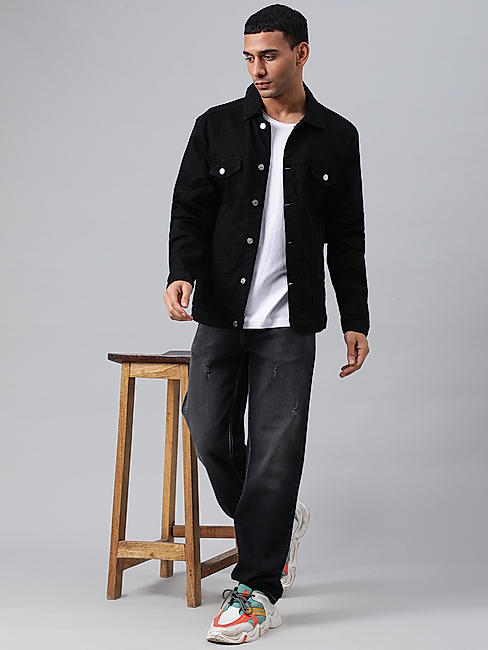 KOTTY MEN CASUAL REGULAR FIT DENIM BLACK JACKET