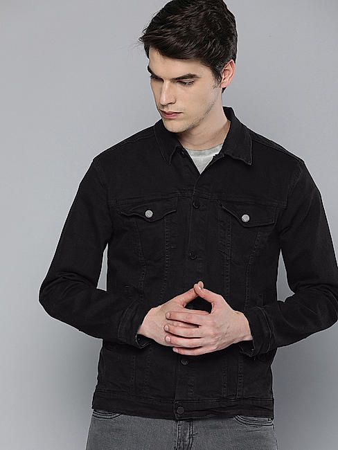 KOTTY MEN CASUAL REGULAR FIT DENIM BLACK JACKET