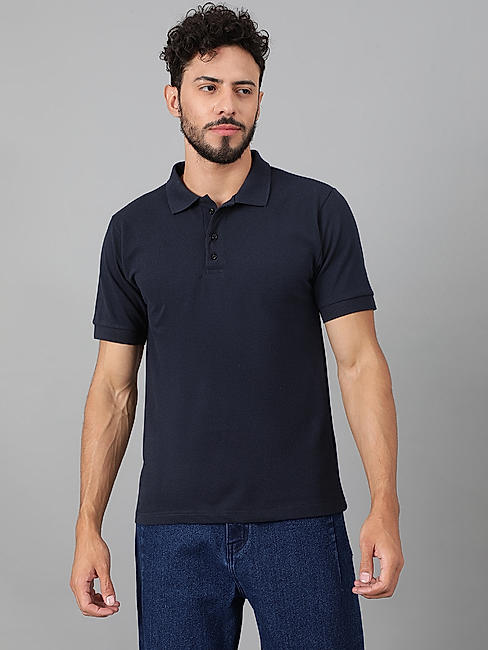 KOTTY MEN REGULAR FIT SOLID MANDARIN COLLAR NAVY BLUE T-SHIRTS