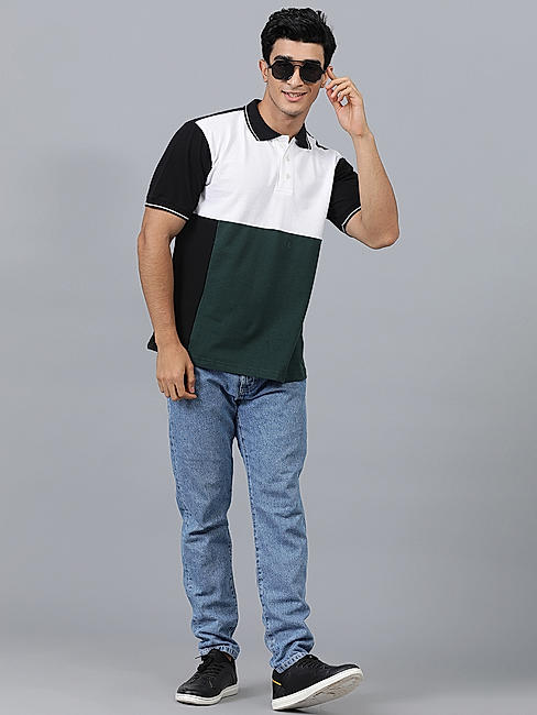 KOTTY MEN REGULAR FIT COLOR BLOCK PETER PAN COLLAR MULTICOLOR T-SHIRTS