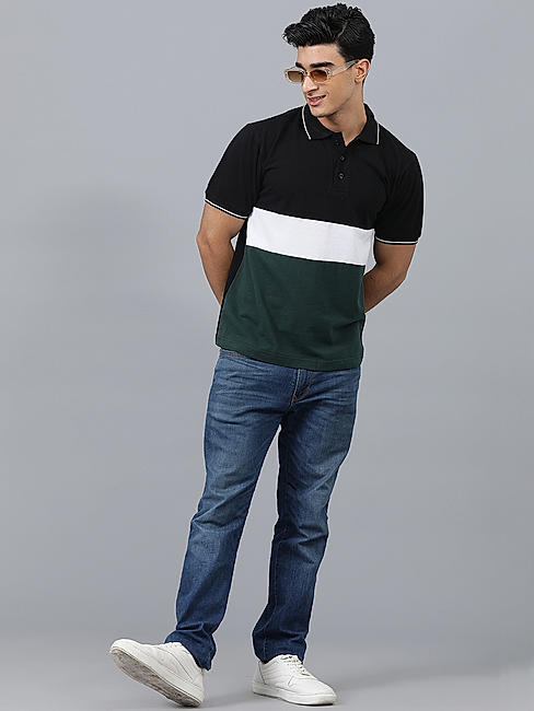 KOTTY MEN REGULAR FIT COLOR BLOCK PETER PAN COLLAR MULTICOLOR T-SHIRTS