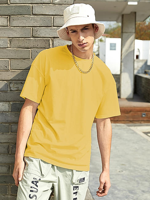 KOTTY MEN OVERSIZED SOLID ROUND NECK YELLOW T-SHIRTS