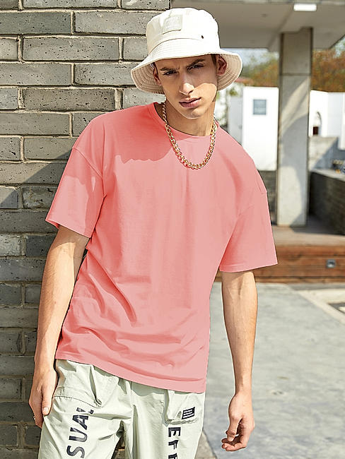 KOTTY MEN OVERSIZED SOLID ROUND NECK PINK T-SHIRTS