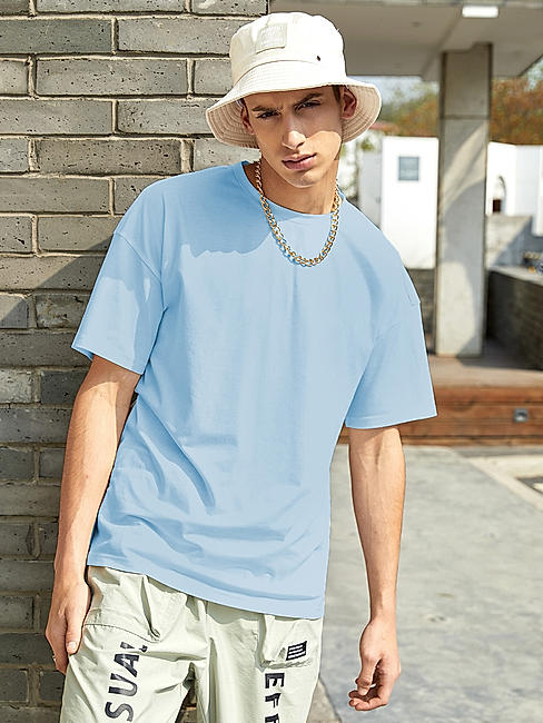 KOTTY MEN OVERSIZED SOLID ROUND NECK BLUE T-SHIRTS