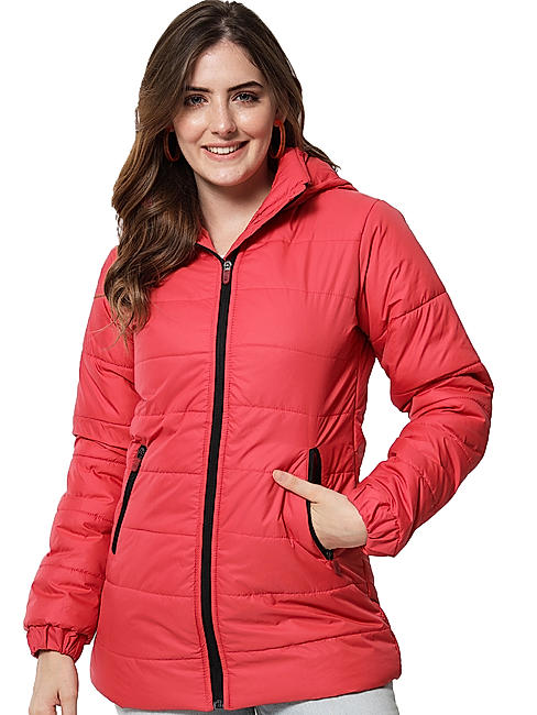 KOTTY Women Nylon Tomato Red Solid Puffer Jacket