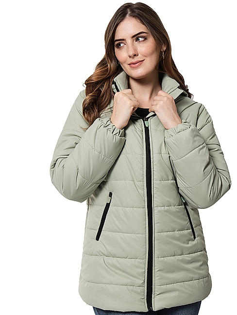 KOTTY Women Nylon Light Moss Green Solid Puffer Jacket