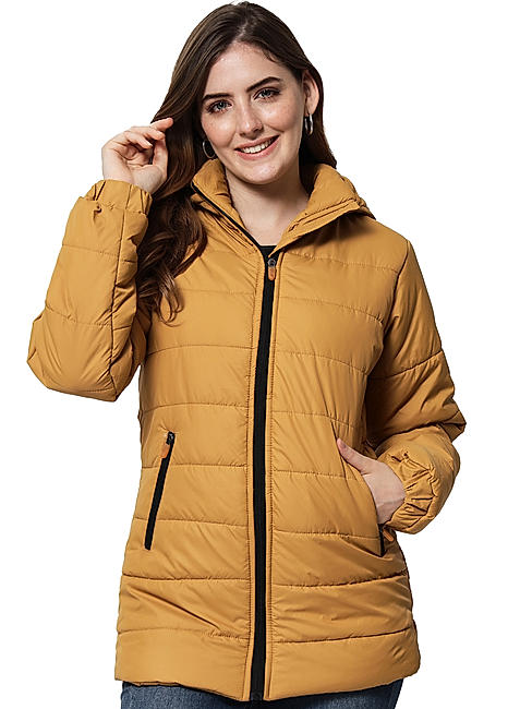 KOTTY Women Nylon Mustard Yellow Solid Puffer Jacket