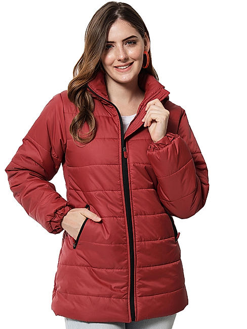 KOTTY Women Nylon Cherry Maroon Solid Puffer Jacket Cherry Maroon,38