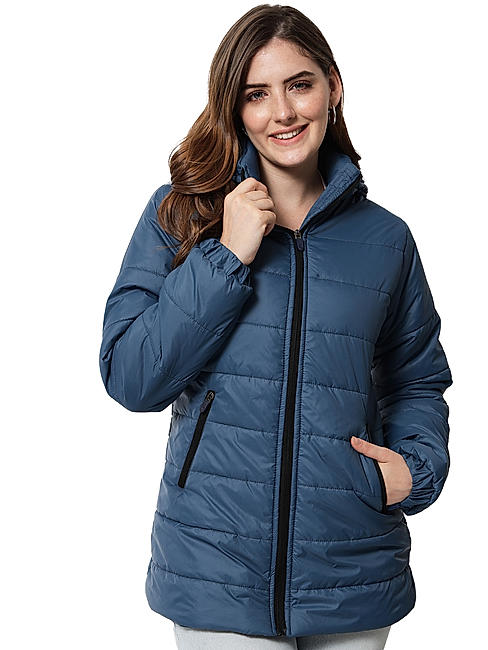 KOTTY Women Nylon Spruce Blue Solid Puffer Jacket Spruce Blue,38