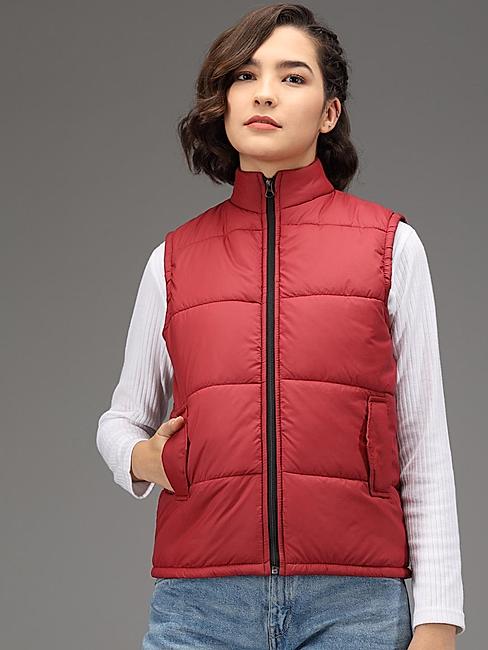 KOTTY Maroon Nylon Solid Women Pufferjacket