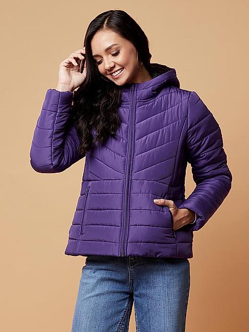 KOTTY Purple Solid Nylon Women Winter Padded Jacket