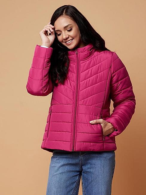 KOTTY Pink Solid Nylon Women Winter Padded Jacket