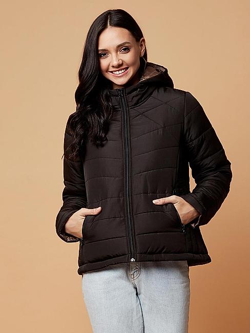 KOTTY Black Solid Nylon Women Winter Padded Jacket